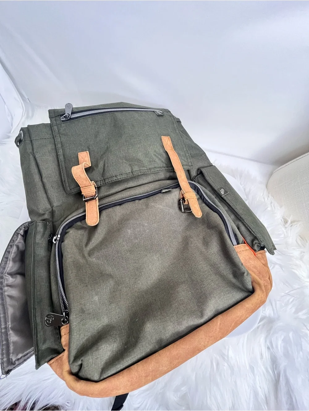 Fisher-Price Olive Green Baby Bag Backpack with Tan Trim